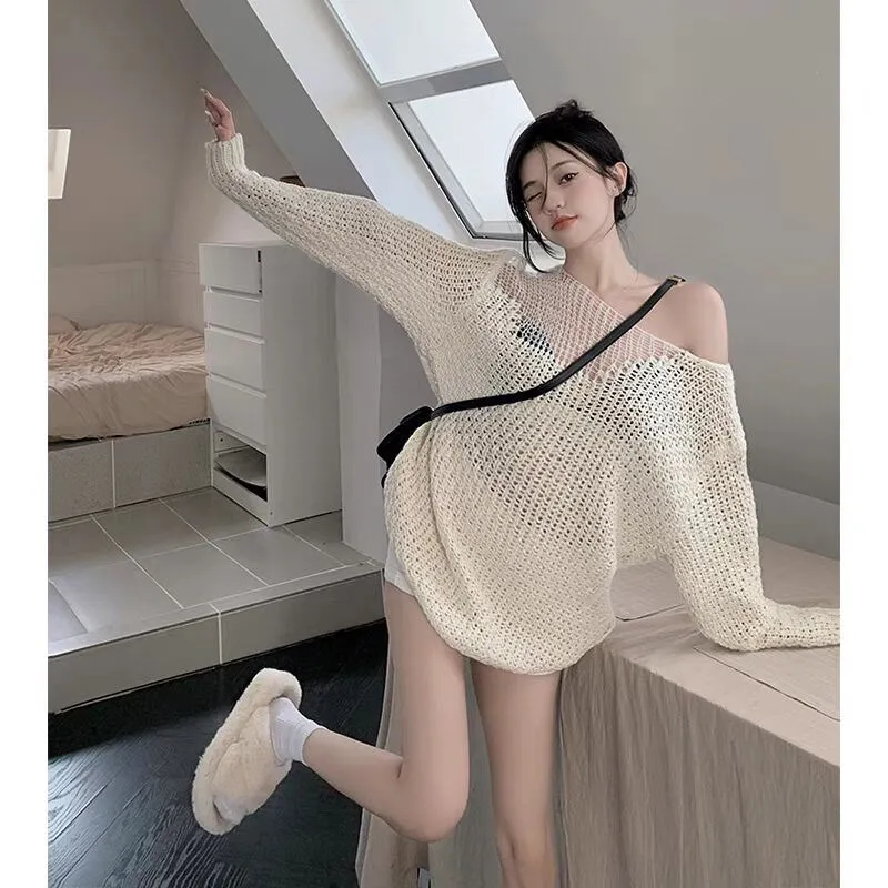 

2024 New Summer Korean Style Hollow-out Long-Sleeved Sweater Women's Autumn Loose Sexy Top Pullover Shirt Sweater