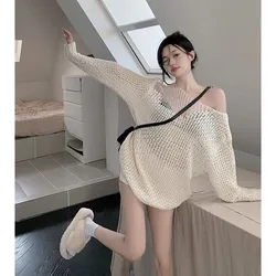 2026 New Summer Korean Style Hollow-out Long-Sleeved Sweater Women's Autumn Loose Sexy Top Pullover Shirt Sweater