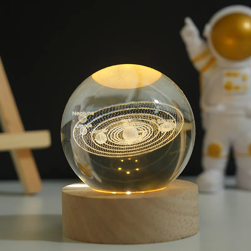 3D crystal ball, carved wooden base, solar system balloon, planetary night light, birthday gift, home desktop decoration