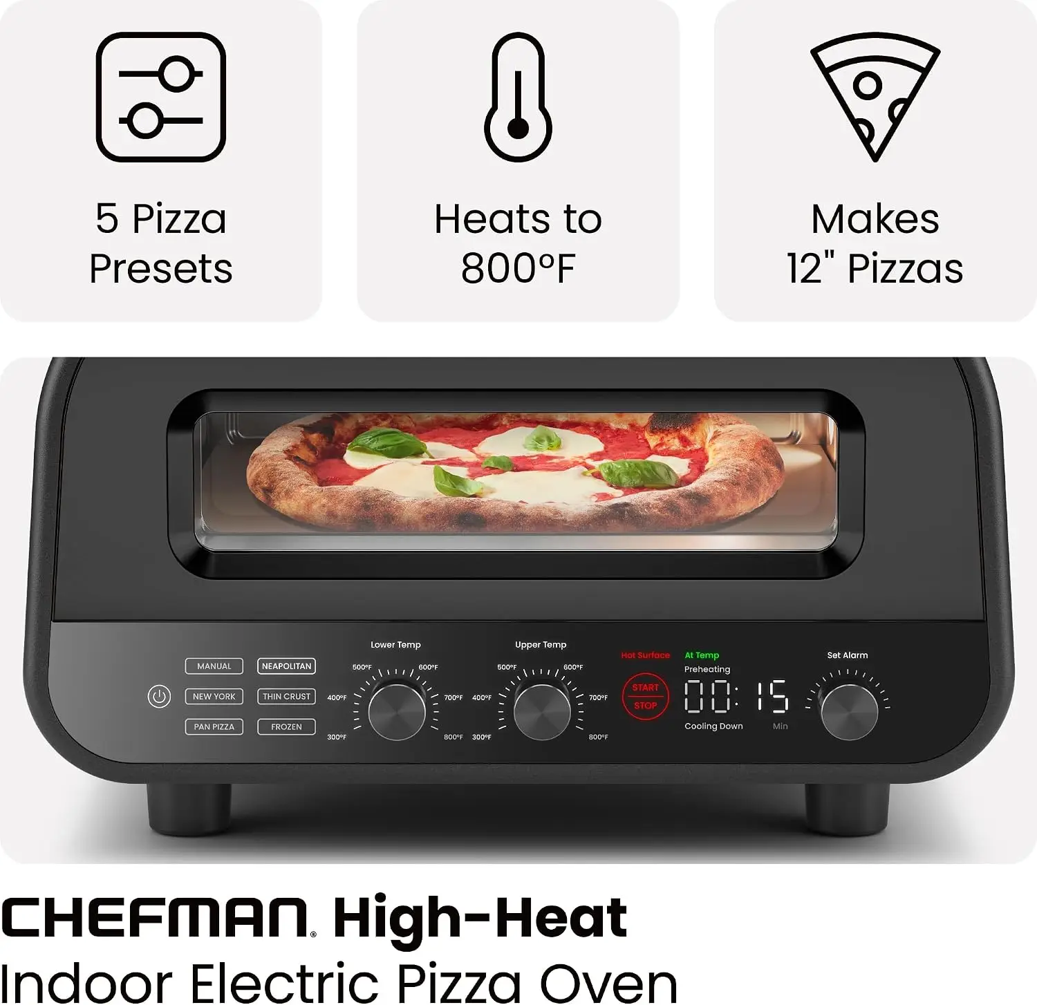 CHEFMAN Indoor Pizza Oven - Makes 12 Inch Pizzas in Minutes, Heats up to 800°F - Countertop Electric Pizza Maker with 5 Touchscr
