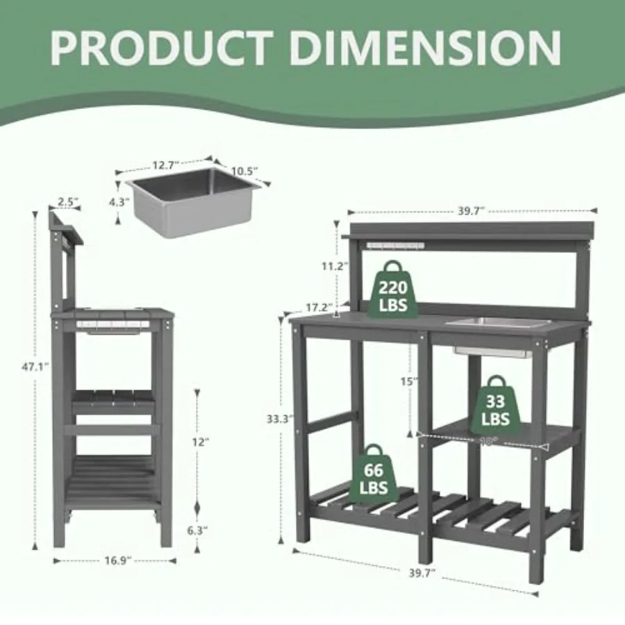 Outdoor Potting Bench For Gardening, Hdpe Grey Material, Weather-Resistant With Sink, Storage Shelf And Hook, Ideal For Patio,