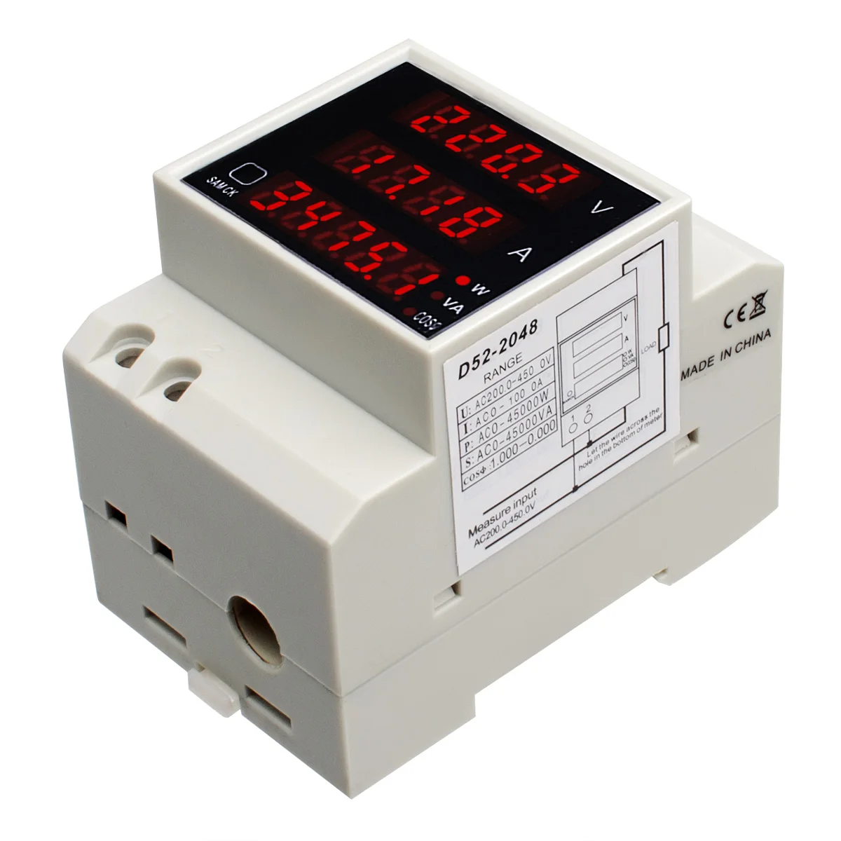 D52-2048 Din Rail LED ampèremètre numérique voltmètre courant wattmètre Volt Amp Watt compteur de puissance AC 200-450V 100A jauge