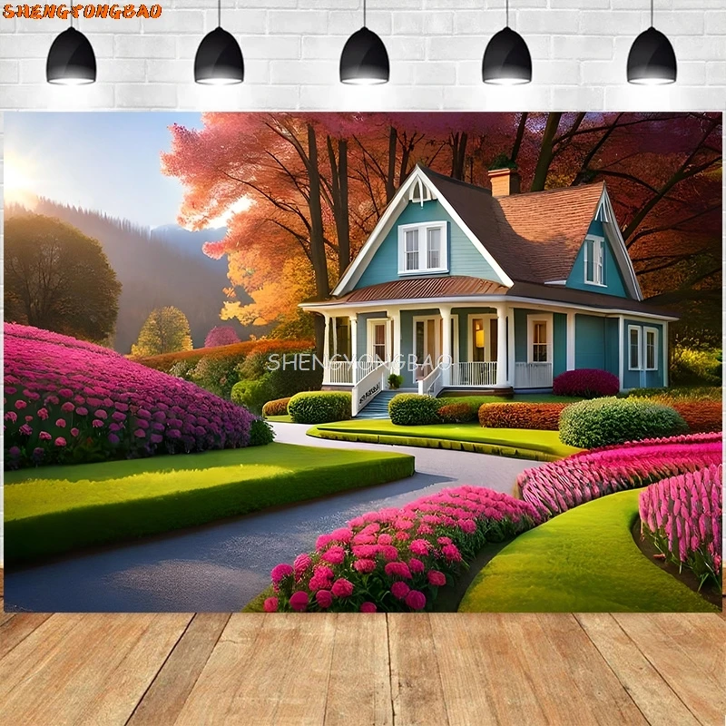 

Country House With Fenced Yard Photography Backdrop Props Beautiful Garden Villa Theme Photo Studio Background HY-02