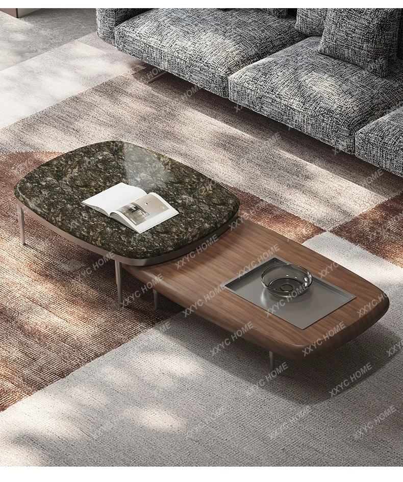 AA minimalist solid wood modern living room movable marble coffee table
