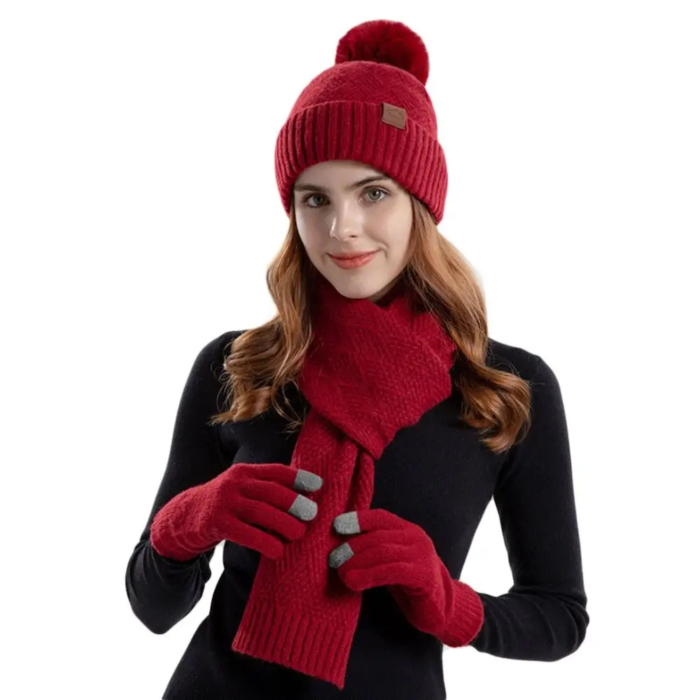 3 قطعة/المجموعة الشتاء لمس محبوك قبعة الرقبة حماية لينة قبعة صغيرة يندبروف في الهواء الطلق وشاح قفازات مجموعة الرجال النساء