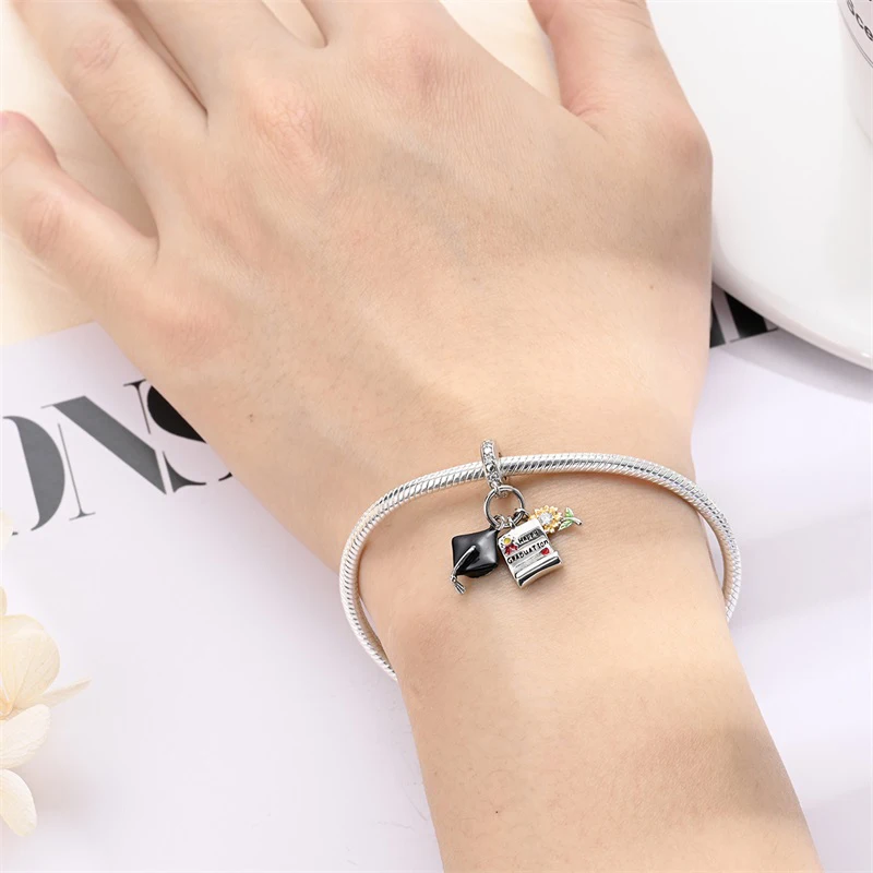 Doctoral Cap and Book Graduation Certificate Dangle Charm Beads Fits 3mm Bracelets Necklace For Women Pendant Luxury DIY Jewelry