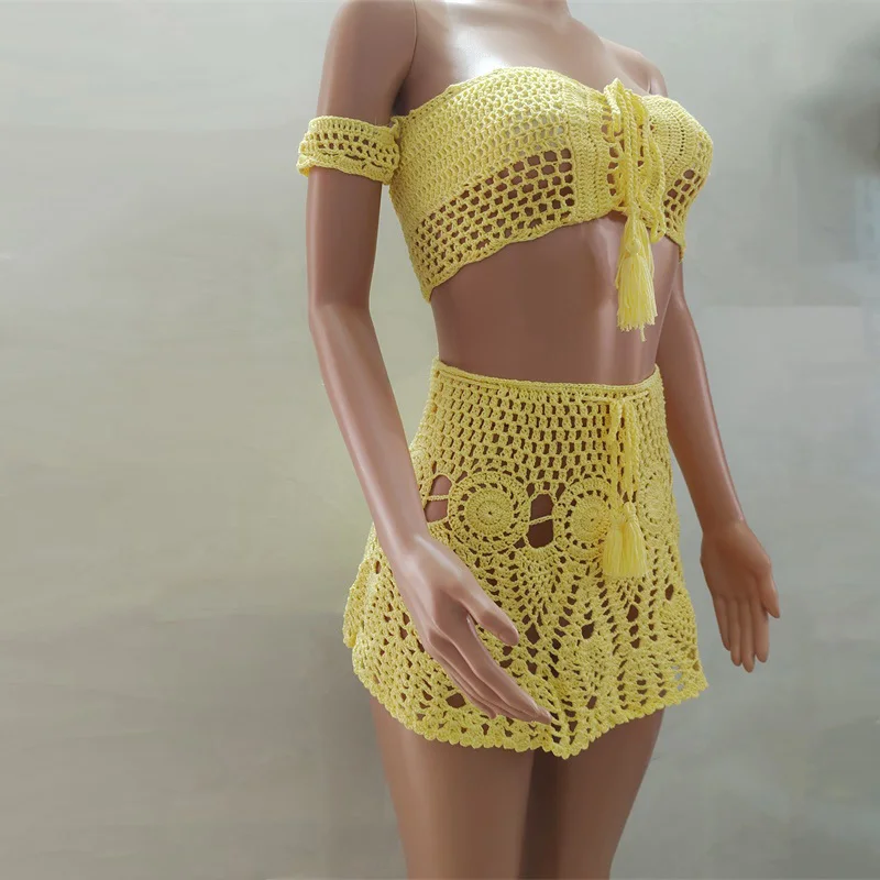 Crochet Kint Cover Up dwuczęściowy zestaw letnia plaża ręcznie dzianinowa Crop Top z wycięciem Mini spódniczka Sheer kabaretki Cover Up Beach Wear