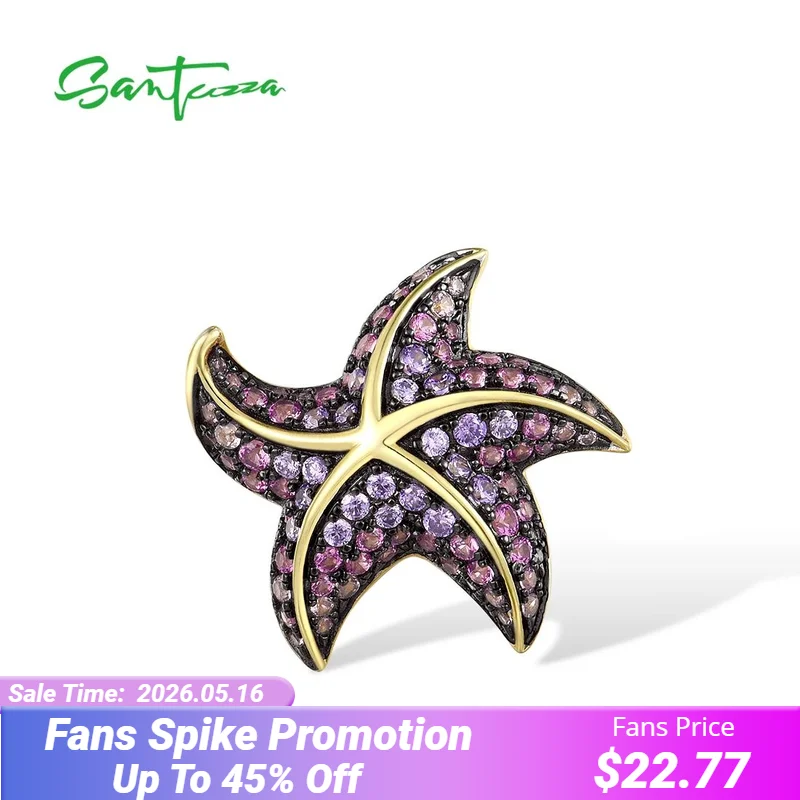 

SANTUZZA 925 Sterling Silver Pendant For Women Sparkling Amethyst CZ Lab Created Pink Sapphire Star Fish Pendant Fine Jewelry