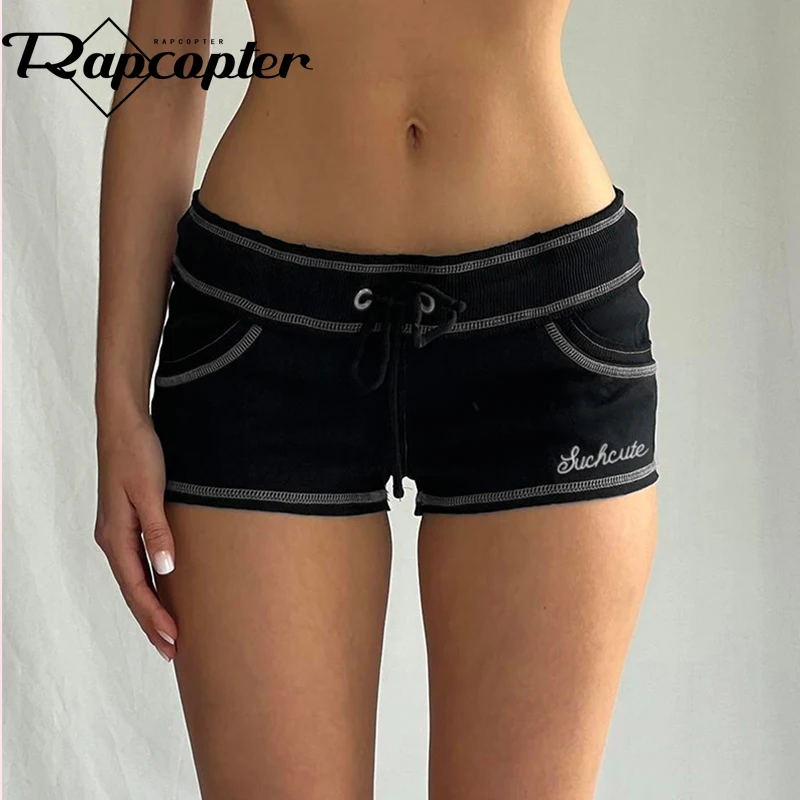 Rapcopter Letter Embroidery Shorts Pockets Black Slim Streetwear Fashion Grunge Aesthetic Korean Pants Women Gothic Outfits New