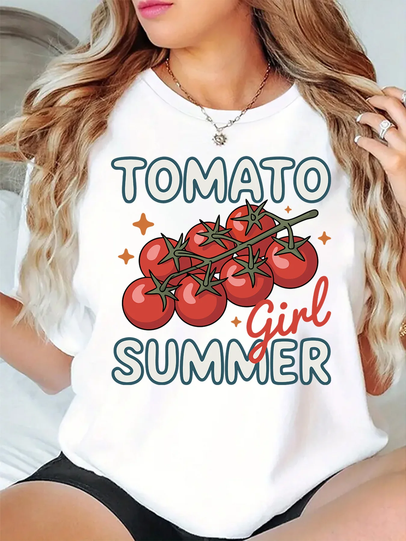 Tomato Girl Summer Fresh Tomato Branch Graphic Womens T Shirt Short Sleeve Crew Neck Fruit Vibe Casual Daily Ladies Tee Tops