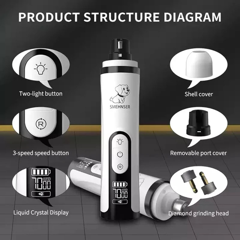 전기 애완 동물 손톱 그라인더 2 LED 조명 전문가 개 손톱 깎기 LCD 디스플레이, USB 충전식 고양이 발 손질 트리머