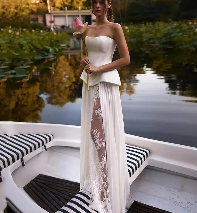 Robe De mariée trapèze style Boho, Sexy, sans bretelles, sans manches, fente latérale, dentelle, Satin, longue, robes De mariée, 2026