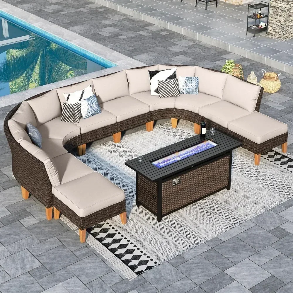 

Patio Furniture Set with Fire Pit Table,11 Piece Half Moon Outdoor Wicker Sectional Set, Rattan Conversation Sets with 56-Inch