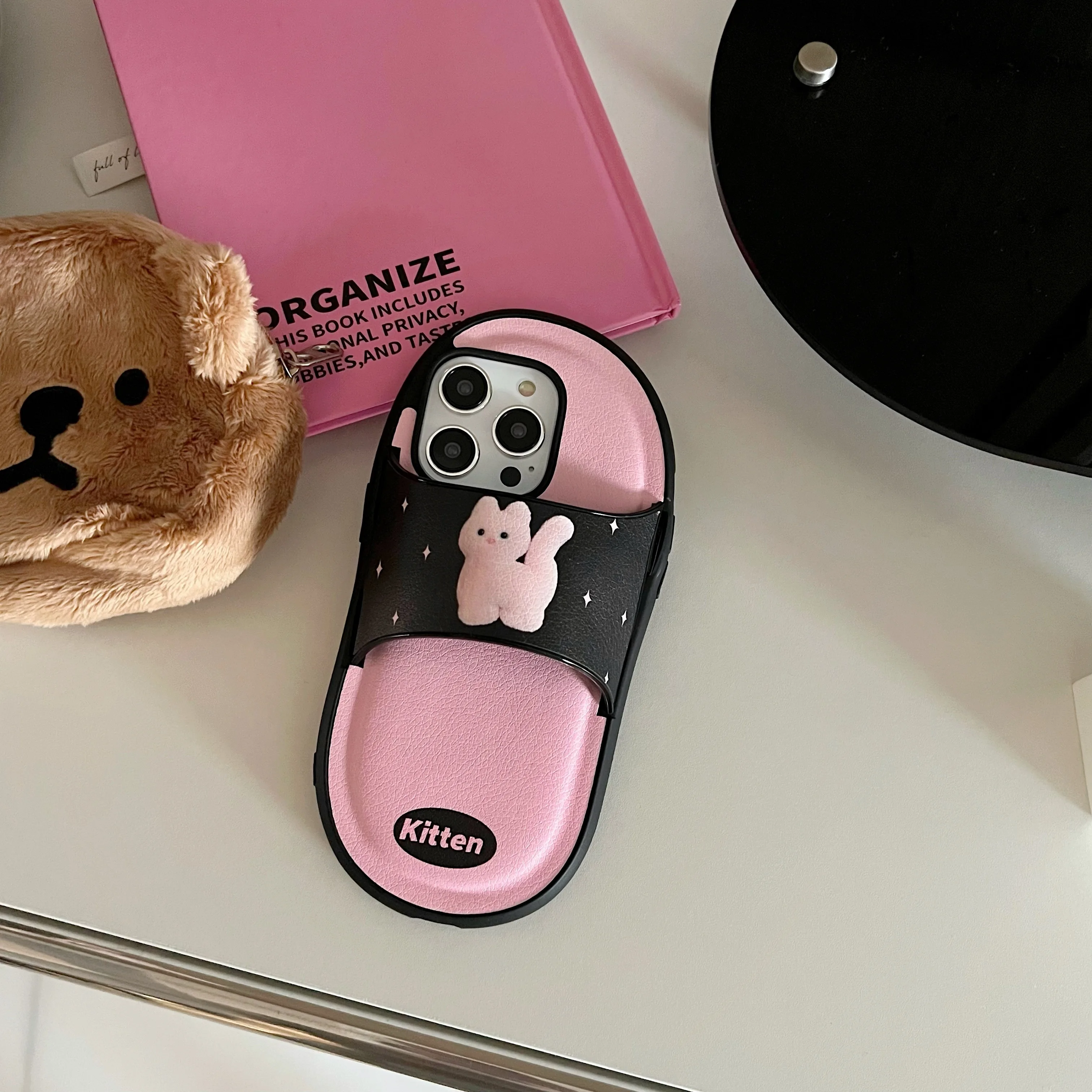 Korean INS Funny Pink Kitty Leather Slipper Case for iPhone 15 14 13 Pro Max Back Phone Cover for 12 11 X XR Xs 7 8 SE2020 Funda