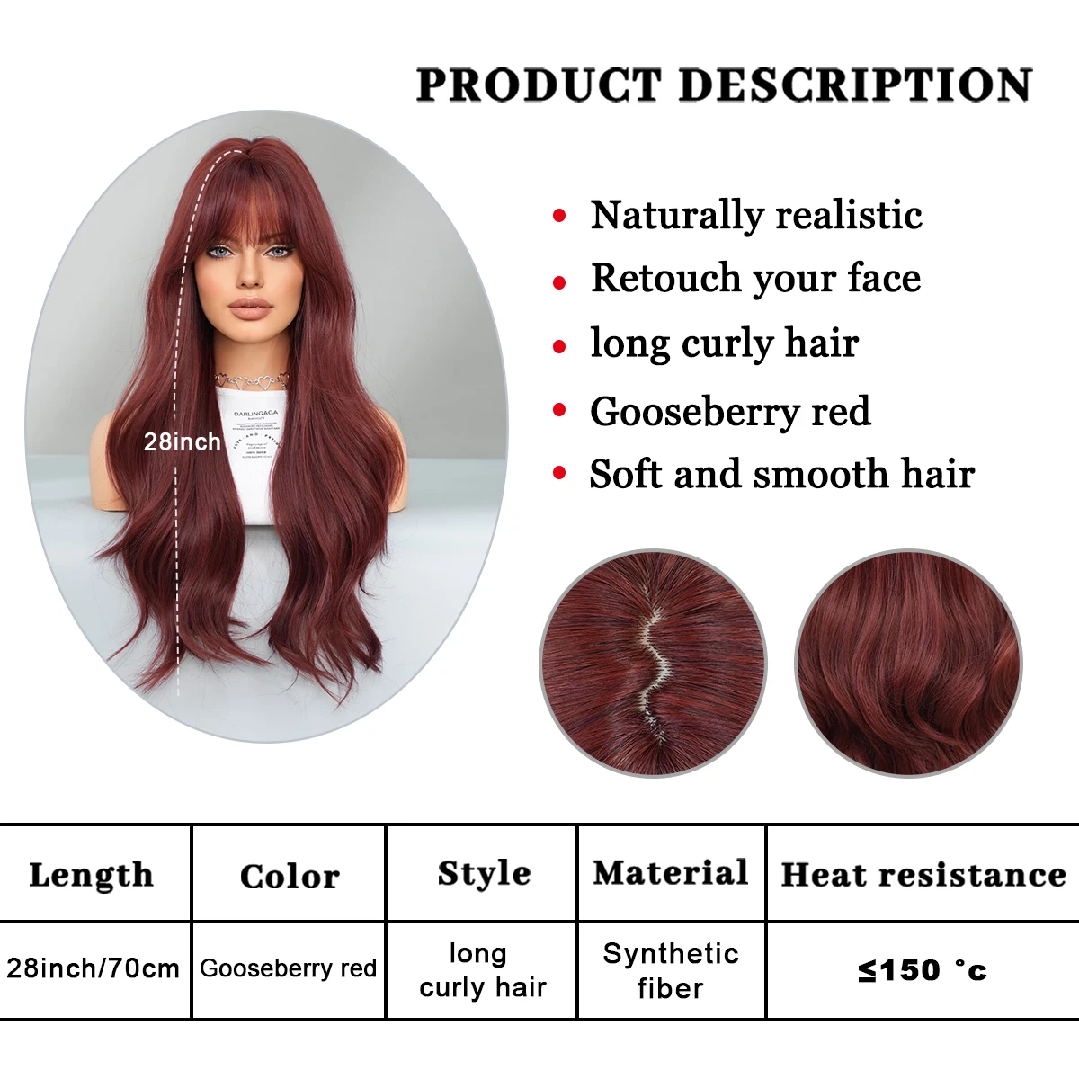 PARK YUN Long Curly Dark Red Wig For Women Daily Cospay Use High Density Synthetic Layered Red Wigs With Bangs Wigs in 28 inches