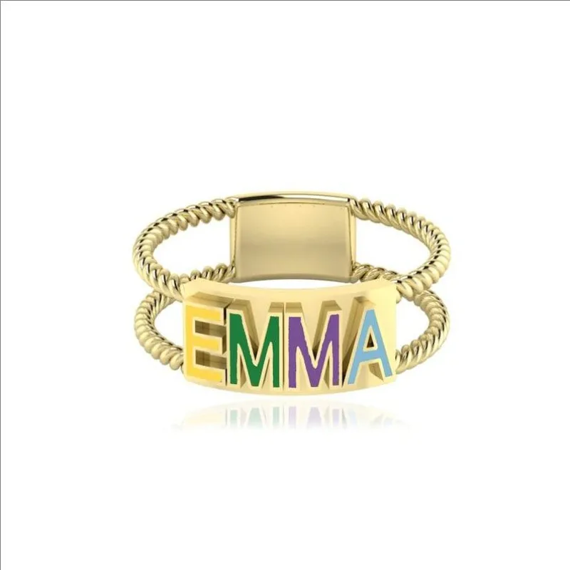 Customized Enamel Name Plate Bar Ring 18k Gold Personalized Name Ring Colorful Enamel Jewelry For Women Gold Dainty Enamel Ring