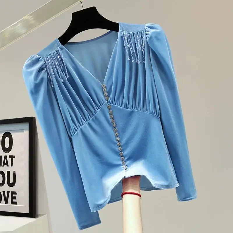 Tassel Studded V-Neck T-Shirt Women's Spring Autumn Korean Solid Color Rhinestone Buckle Gold Velvet Bottoming Shirt Outerwear