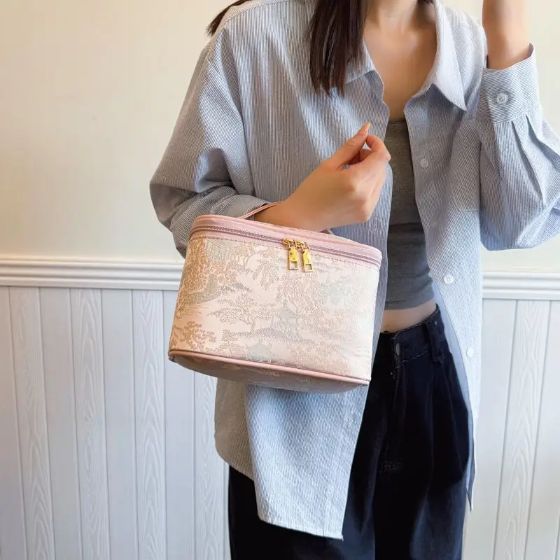 الرجعية التطريز حقيبة مستحضرات تجميل المرأة أنيقة سعة كبيرة متعددة الوظائف حقيبة يد السيدات المحمولة أدوات الزينة المنظم Maquillaje #2