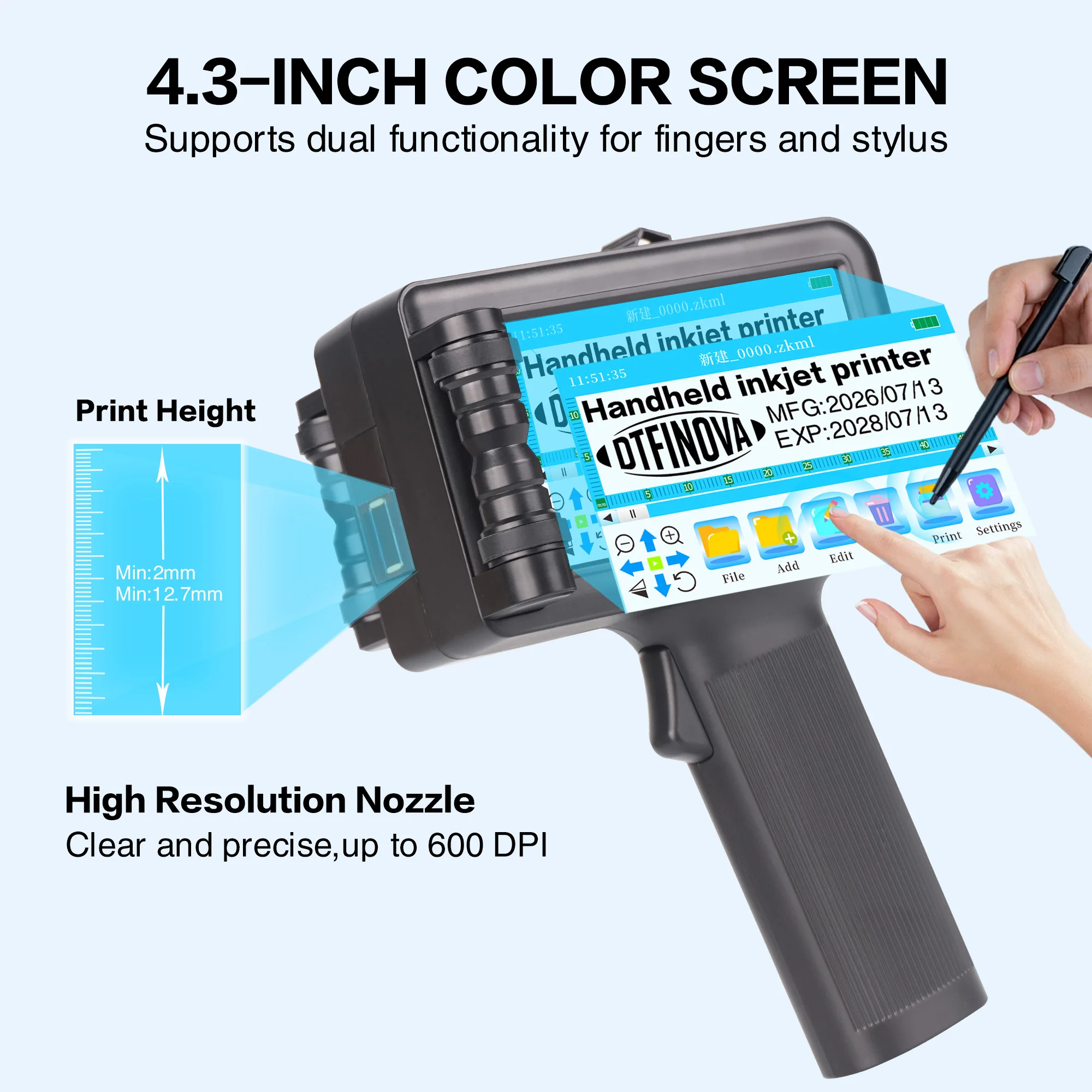 Handheld Inkjet Printer Portable Smart Date Code Batch Number Logo Expiry Date Barcode QR Code 12.7mm Variable Data Printer
