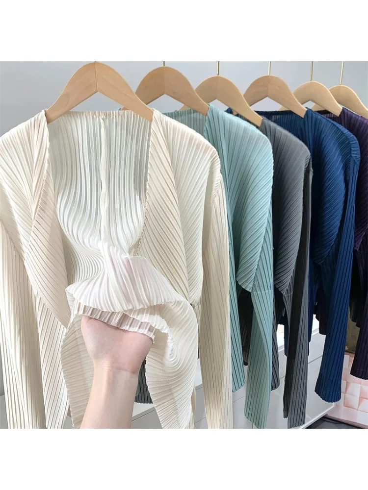 Miyake 2025 Spring Folded Top for Women, Comfortable and Casual Long Sleeve Open Korean Version Solid Color Versatile Coat