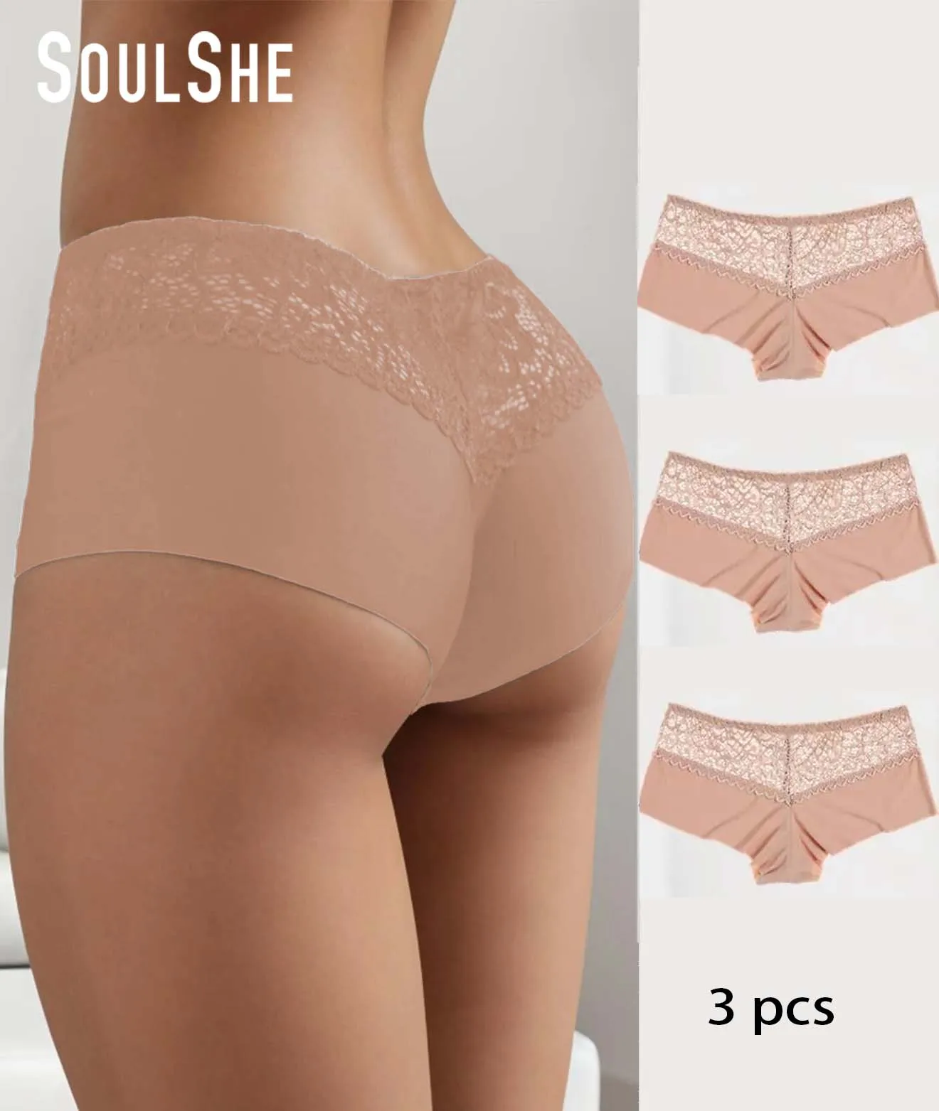 3pcs Women\'s Lace High Waist Seamless Knicker, Soft Comfy Breathable Panty for Daily Wear, boyshort is free shipping