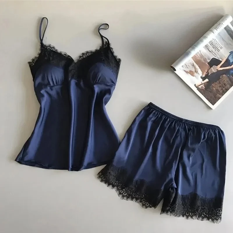 

Fashion Nightwear Lace Trim Satin Cami Top Pajama Sets Sexy Hot Erotic Home Wear Women Pajamas Women Sleepwear Sleeveless Strap