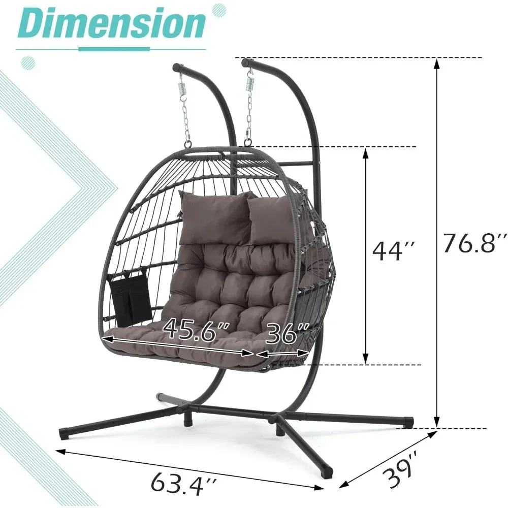 Double Rattan Swing Egg Chair with Side Pockets, Foldable Hanging Egg Chair with Stand, Outdoor and Indoor Egg Chairs