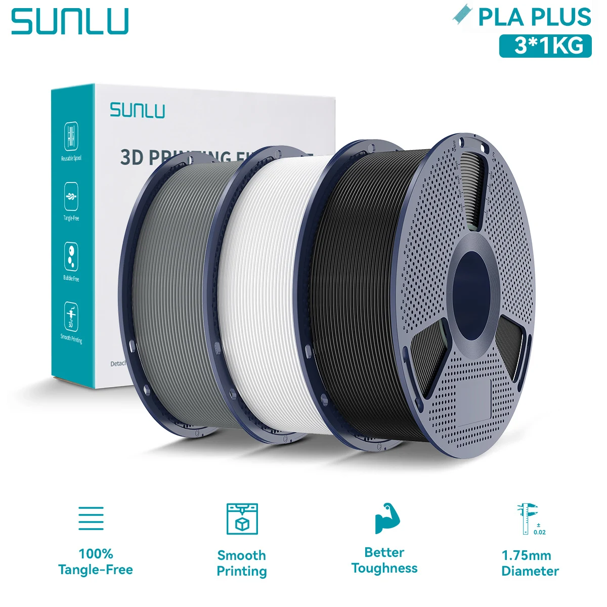 SUNLU 1.75 مللي متر PLA PLUS خيوط طابعة ثلاثية الأبعاد 3 كجم صلابة جيدة أقوى مرونة بلاستيكية PLA + خيوط ثلاثية الأبعاد مع بكرة قابلة لإعادة الاستخدام