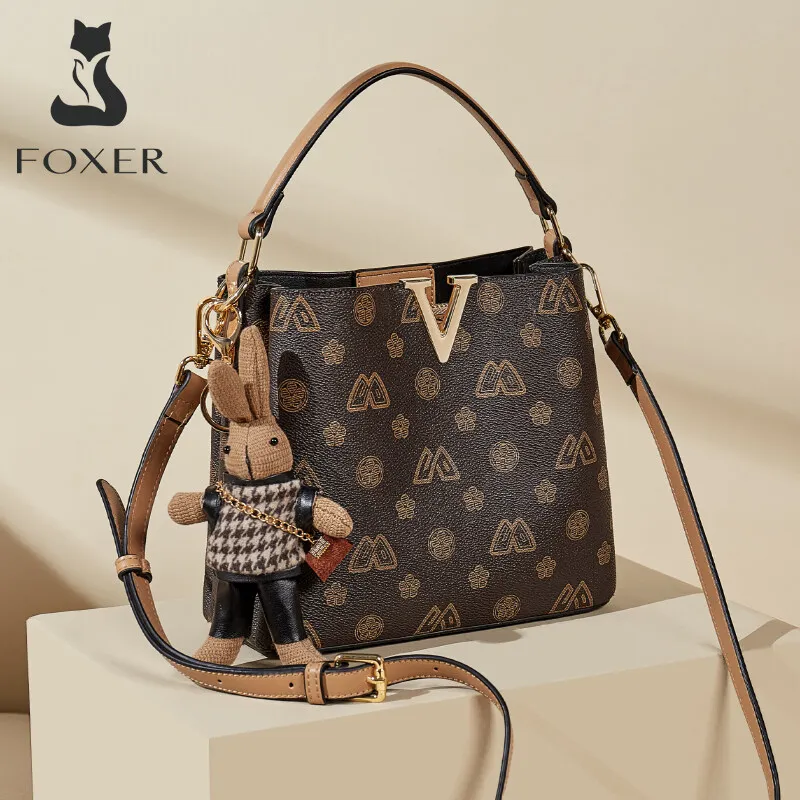 FOXER Brand Women PU Leather Satchels Messenger Bag Lady PVC Bucket Design Handbag Female Fashion Dating Shoulder Crossbody Bags