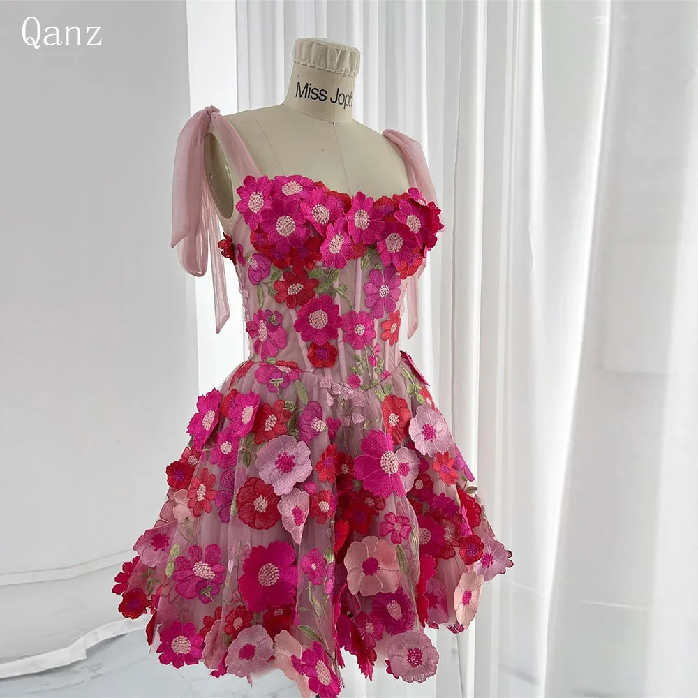 

Qanz 3D Flowers Fairy Mini Homecoming Dresses Bow Straps Lace Up Short A Line Cocktail Dress Plus Size Formal Occasion Dresses