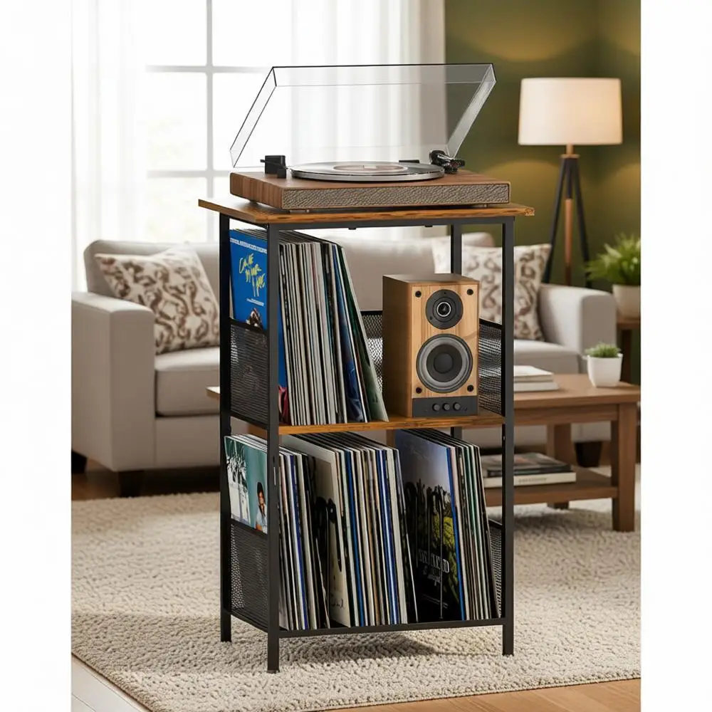 

Solid Wood Record Player Stand with Extended Desktop and Space-Saving Album Storage for Home and Office