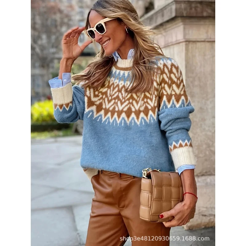 

2024European and American Autumn and Winter New Women's Loose Fairisland Sweater round Neck Ethnic Style Women