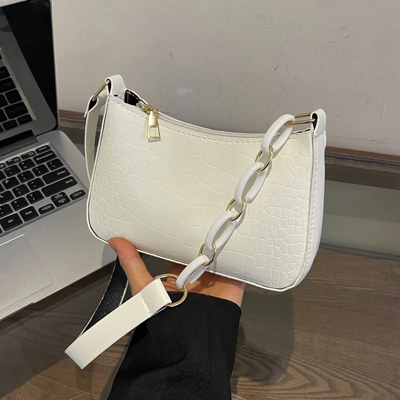 Fashion Crocodile Pattern Shoulder Bags For Women, Texture PU Leather Chain Underarm Bag Solid Color Designer Ladies Handbags