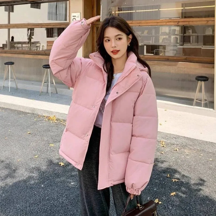 

Women's Short Hooded Down Cotton Jacket Thick Winter Coat Long Sleeve Bread Style Clothes Korean Loose Fit Small Size