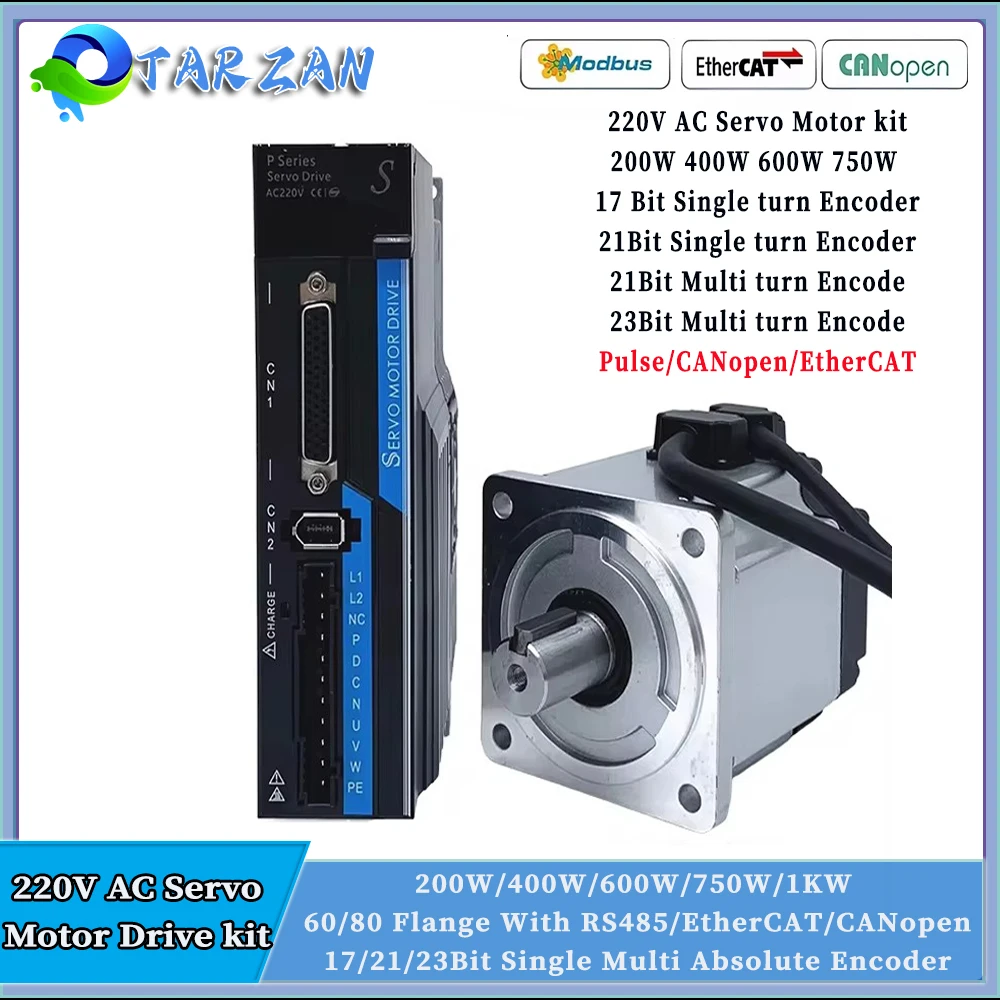 220V AC Servo Motor Kit 200W 400W 600W 750W 1KW 60/80mm flange 17/21/23Bit Single Multi Absolute Encoder Pulse EtherCAT CANopen