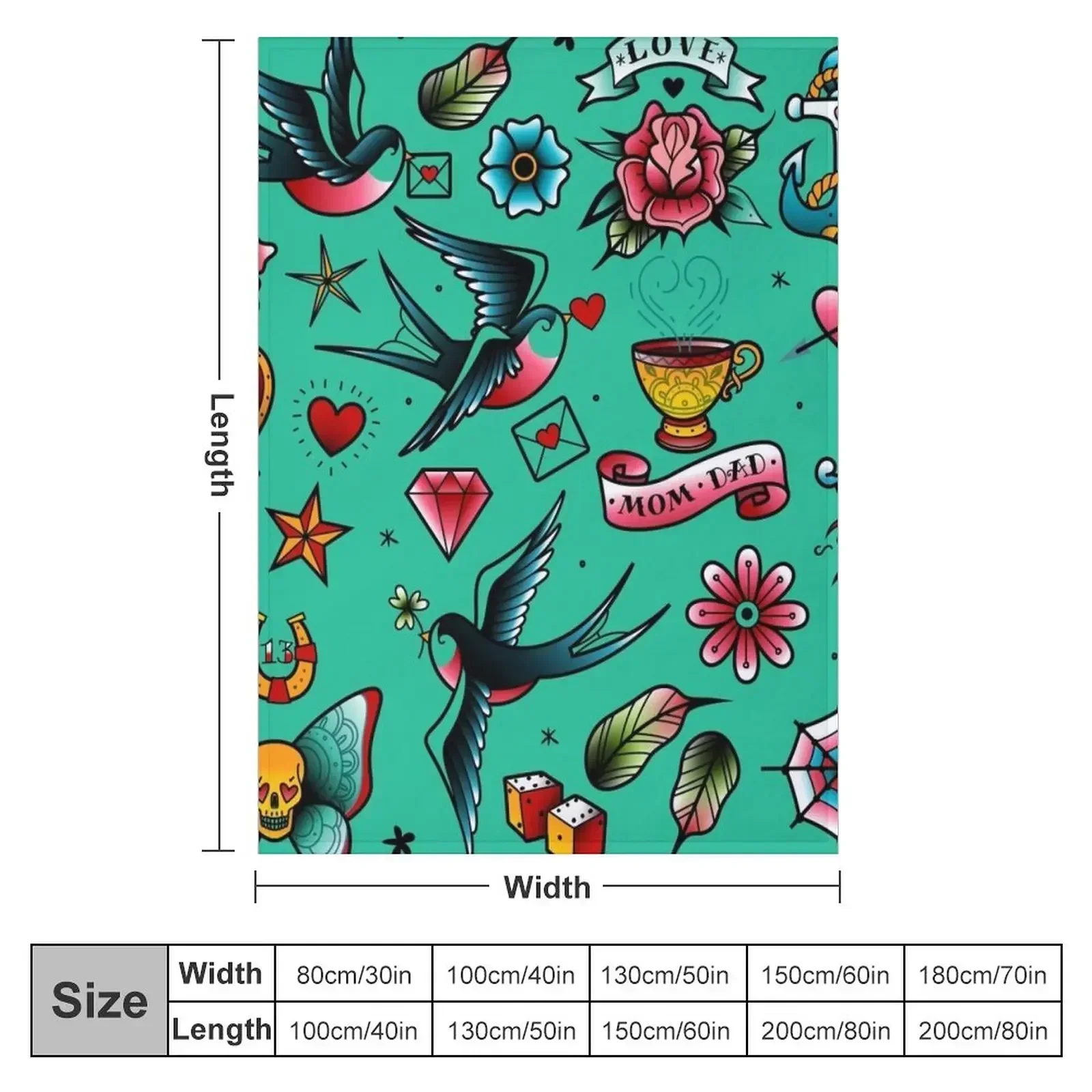 Old school tattoo stickers of swallows, diamonds, heart, rose, anchor Throw Blanket