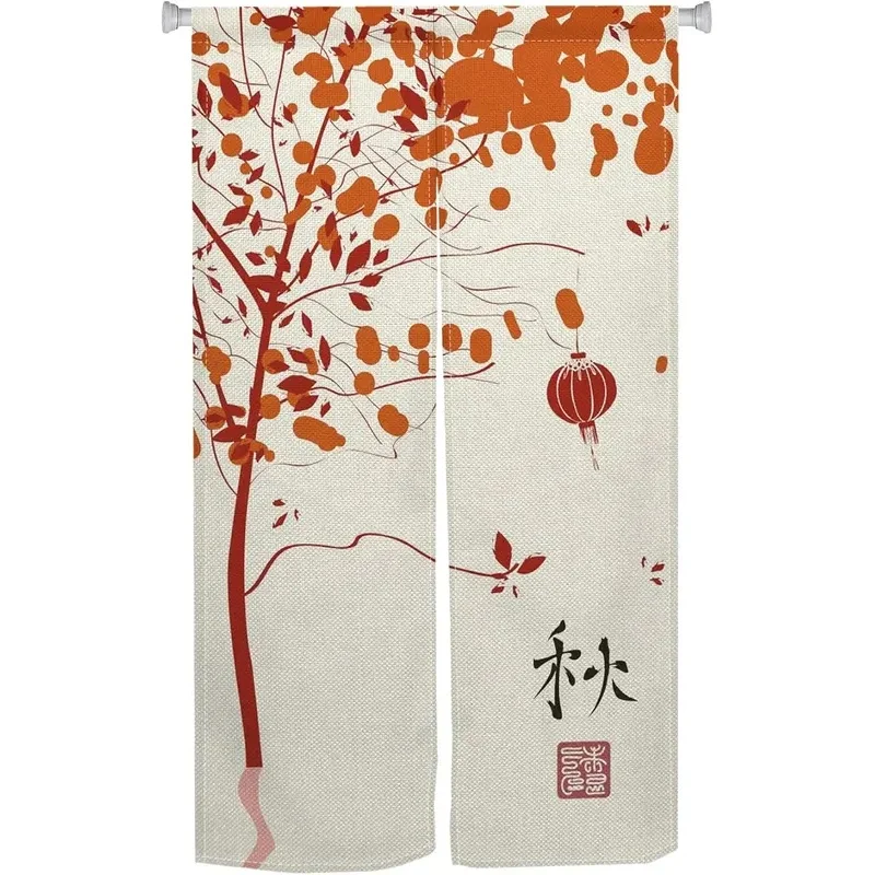 VIKAMA Autumn Tree Noren Door Curtain, Chinese Fall Calligraphy & Red Lantern Fabric Room Divider for Home Decor