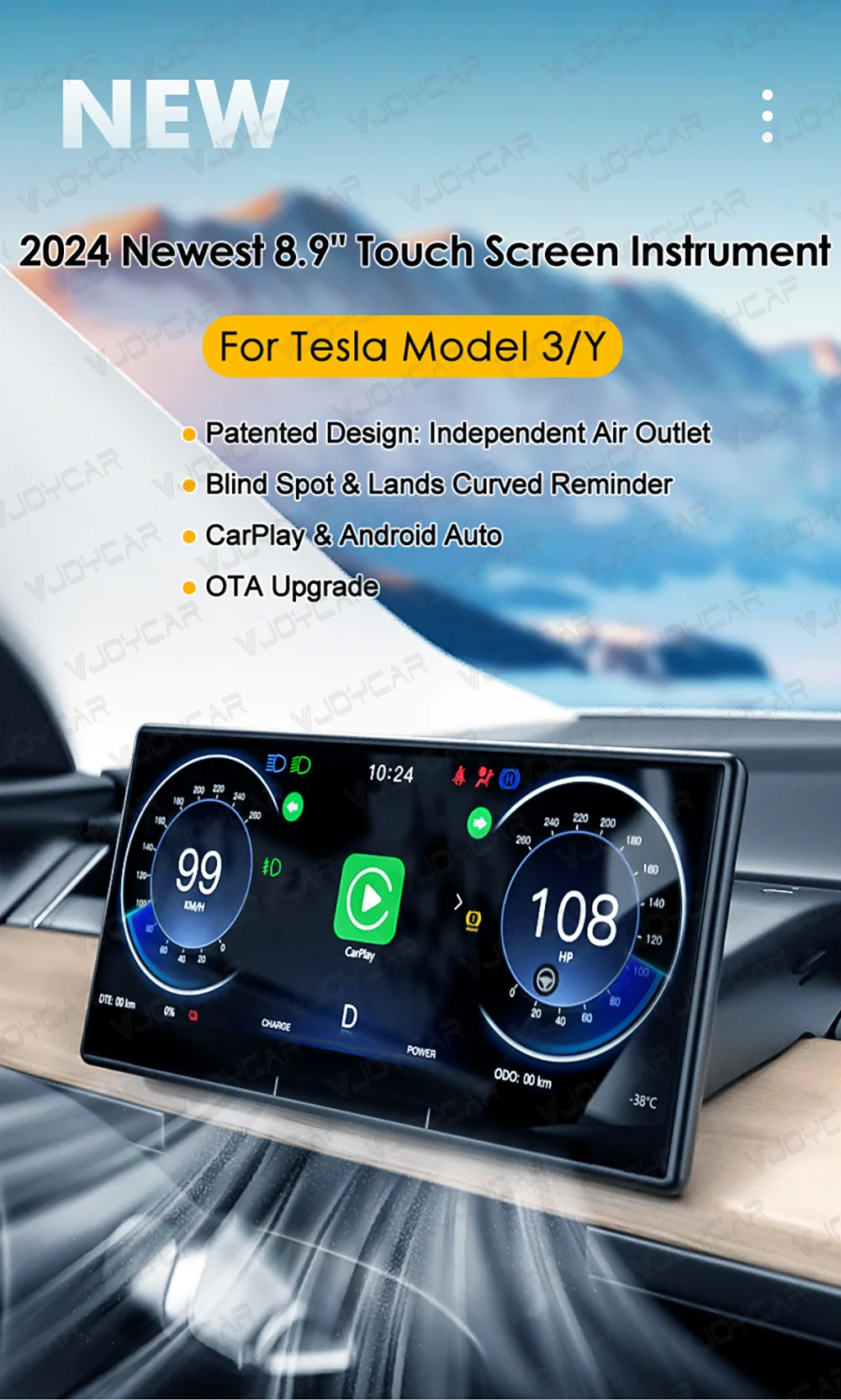 2024 Latest 8.9 Inch Large Touch Screen for Model 3 Y 3 Highland Carplay & Android Auto Intelligent Dashboard with Air Outlet