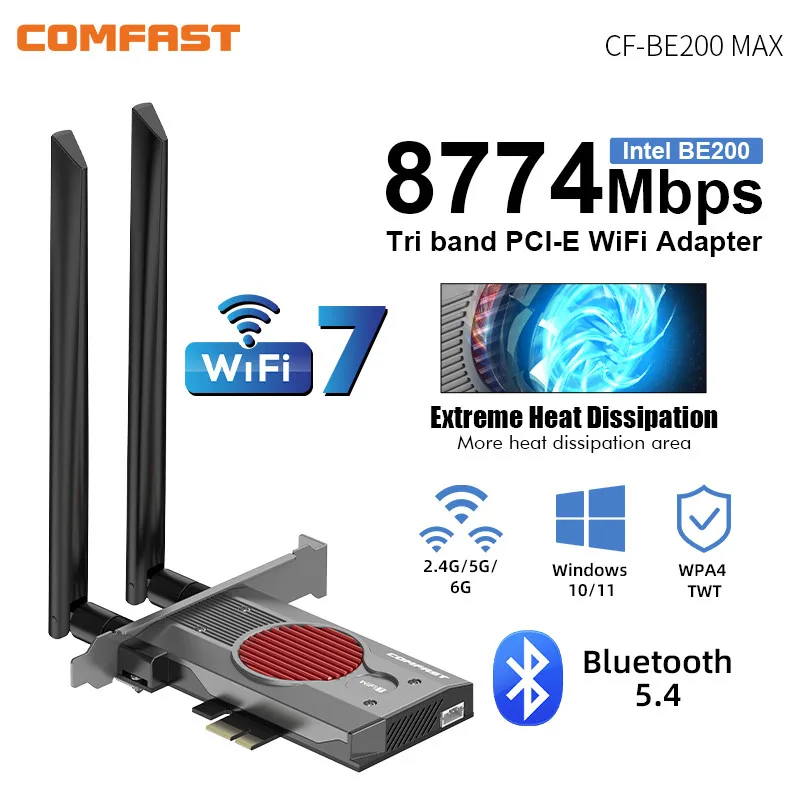 WIFI7 네트워크 카드, 블루투스 5.4 PCIE 와이파이 카드, WPA 4 암호화 지지대, 리눅스, Win10, 11, 2 * 5dBi 안테나, BE200NGW, 8774Mbps