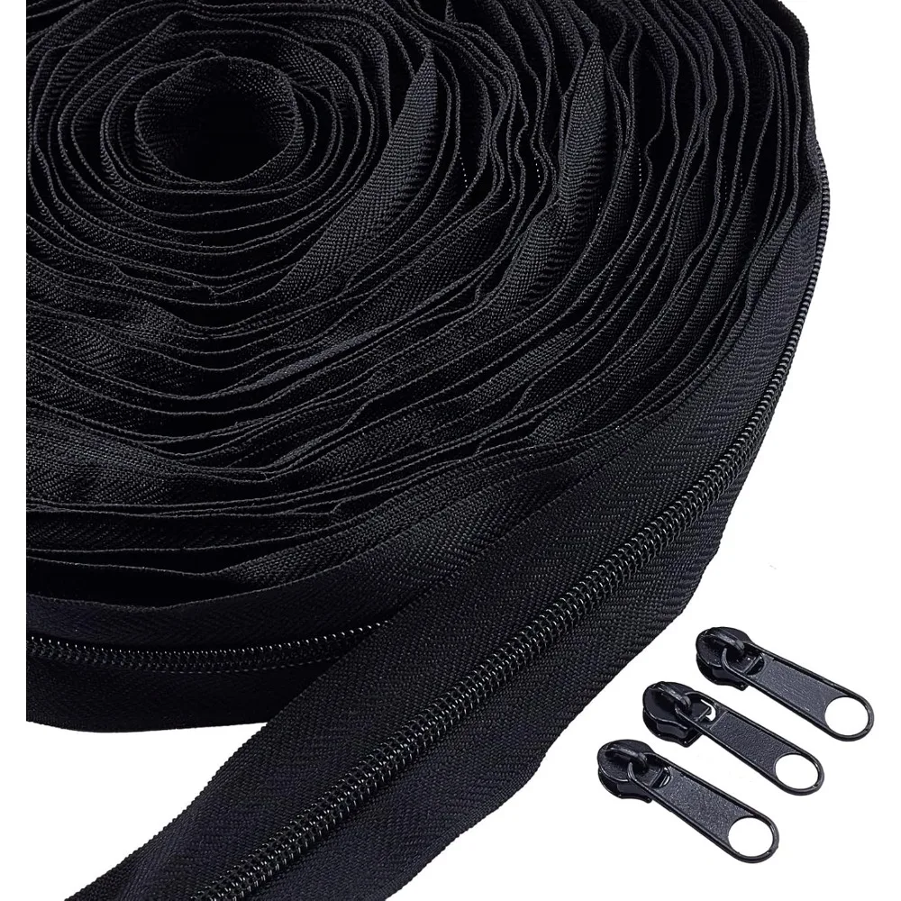 11 Yards #3 Plastic Zipper with 20PCS Ring Sliders Heavy Duty Zippers Replacement for DIY Sewing Tailor Crafts Bags Tents Black