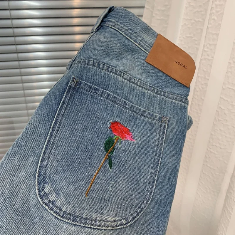 

Women's Slim Straight Denim Trousers Full Length Hole Embroidery Rose Jeans