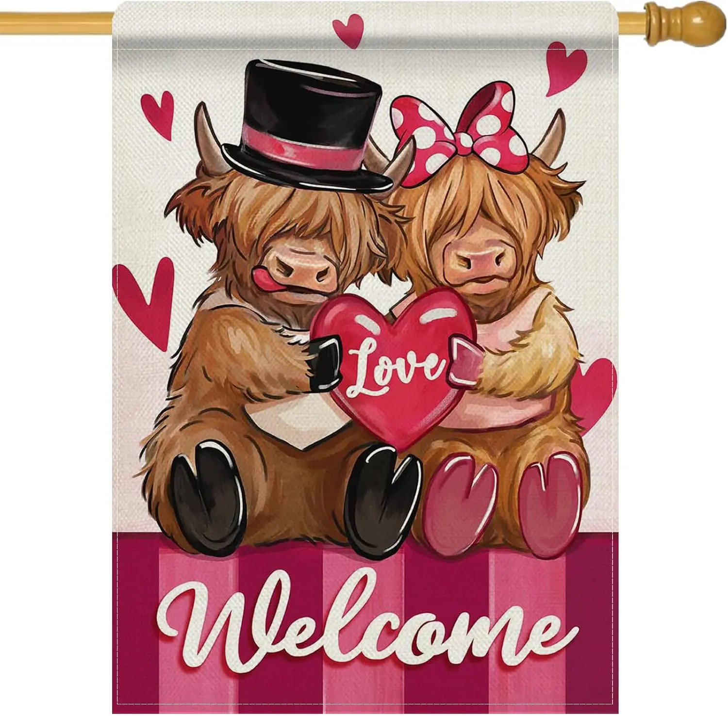 Dyrenson Welcome Valentines Day Highland Cow 28 x 40 House Flag Double Sided, Pink Love Hearts Farm Garden Yard Decoration,  PPM