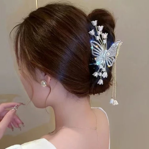 Clip de pelo con borla de mariposa y flor de aleación para mujer y niña, placa de garra para el pelo, Clip de tiburón, accesorios para el cabello, novedad de verano