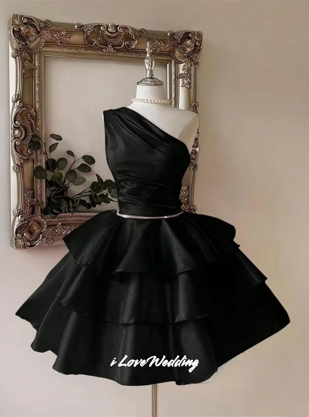 Black Short Organza Prom Dresses One-shoulder Backless Tie-up Beaded A-line Skirt 2026 TieredPleated Bespoke Occasion Gown C