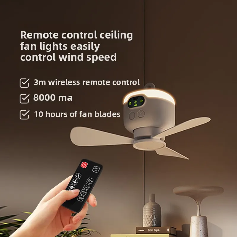 USB Rechargeable Wireless Remote - Small Ceiling Fan with Long Endurance Strong Wind for Outdoor Camping Dorm Room Home Use