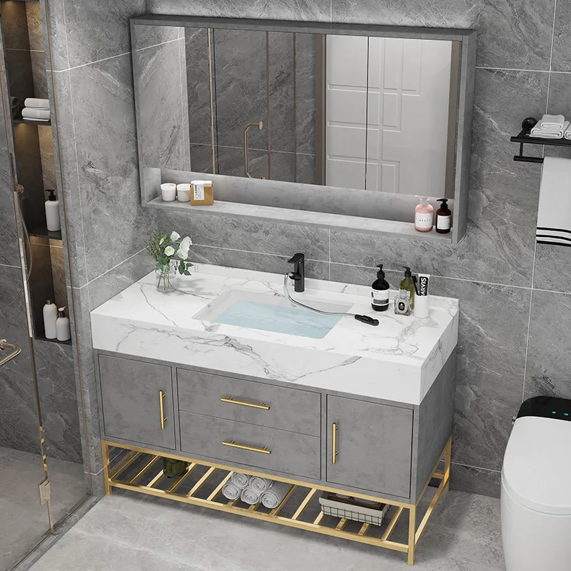 

Легкий роскошный шкаф для ванной комнаты из цельного дерева, мраморная столешница для ванной комнаты, умывальник для мытья рук, цельный умывальник