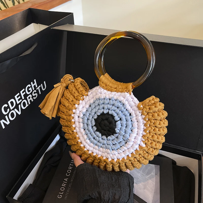

Ring Handle Day Clutch Fashion Floral Crochet Knitted Bag Trendy Handmade Round Bag Vintage Multicolor Hollow Out Handbags