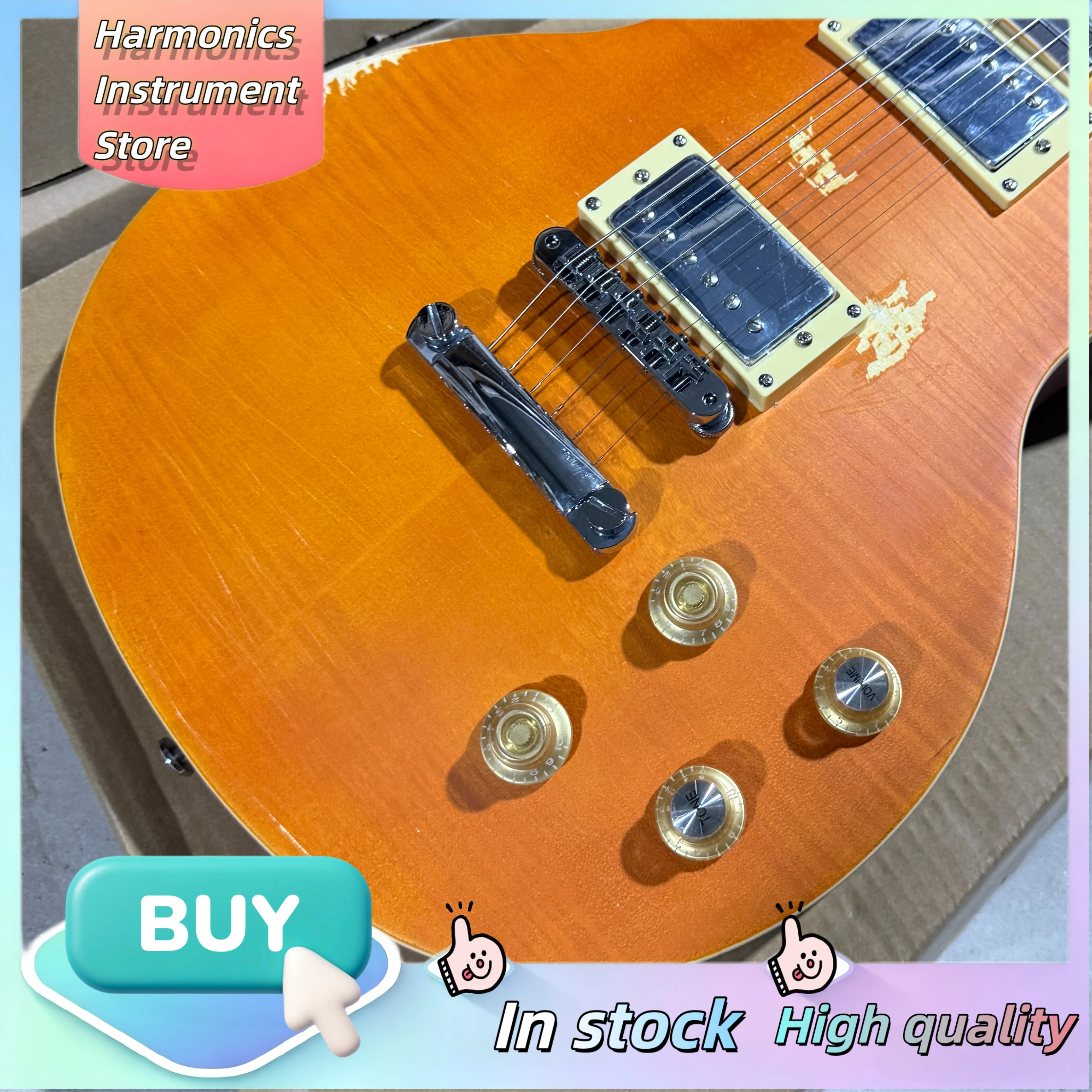 LPQ Style Electric Guitar HH Pickups Woodgrain Orange Distressed Fixed Bridge Thrash Metal Collector Musical Instrument