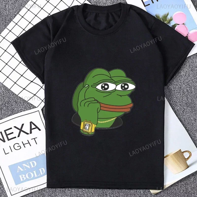 Harajuku Style Funny Cartoon Pepe Frog Emote Graphic Printed T Shirt Short Sleeve Tshirt Loose Streetwear Cotton Man Tees