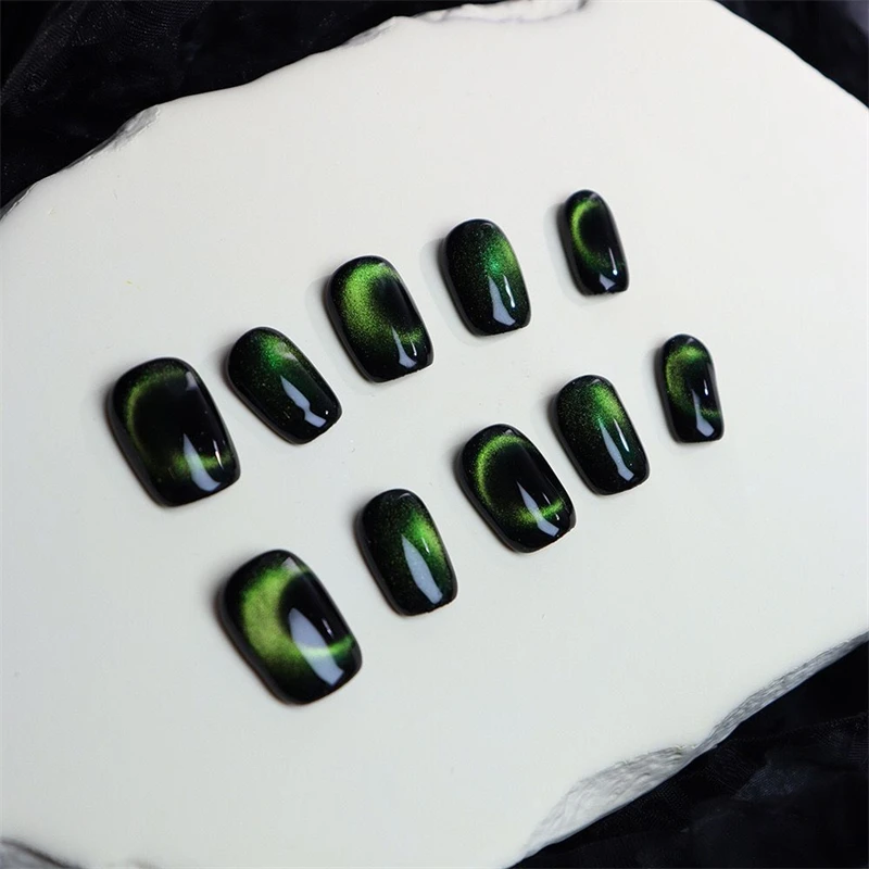 Moon Cat Eye Handmade Black False Nails Press On Nails with Glitter Fluorescent Green Full Cover Artificial Nails Tips Manicure